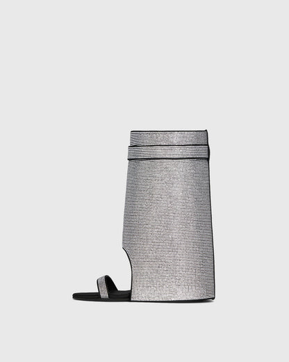 Bionda Buckle Rhinestone Embellished Satin Knee High Boots