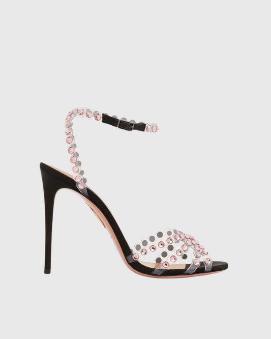 Cameo Rhinestone Embellished PVC Strap Sandals In Black