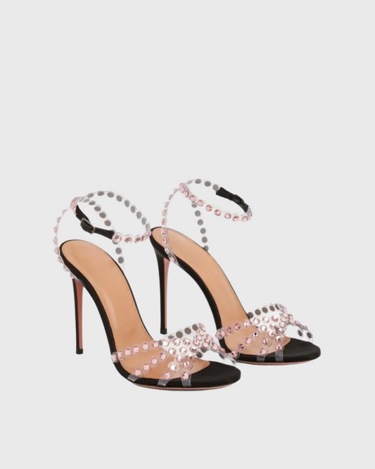 Cameo Rhinestone Embellished PVC Strap Sandals In Black