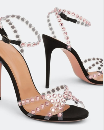 Cameo Rhinestone Embellished PVC Strap Sandals In Black