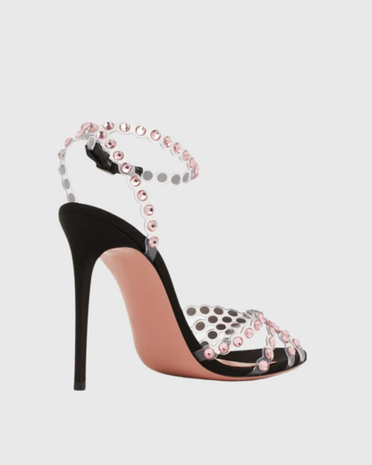 Cameo Rhinestone Embellished PVC Strap Sandals In Black