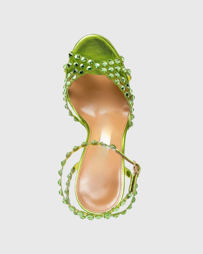 Cameo Rhinestone Embellished PVC Strap Sandals In Green