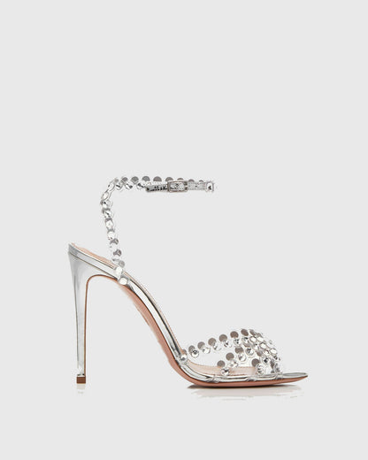 Cameo Rhinestone Embellished PVC Strap Sandals In Silver