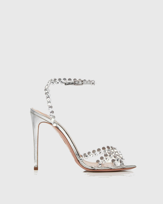 Cameo Rhinestone Embellished PVC Strap Sandals In Silver
