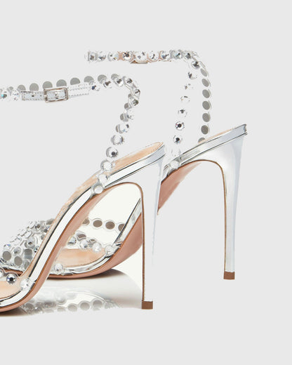 Cameo Rhinestone Embellished PVC Strap Sandals In Silver