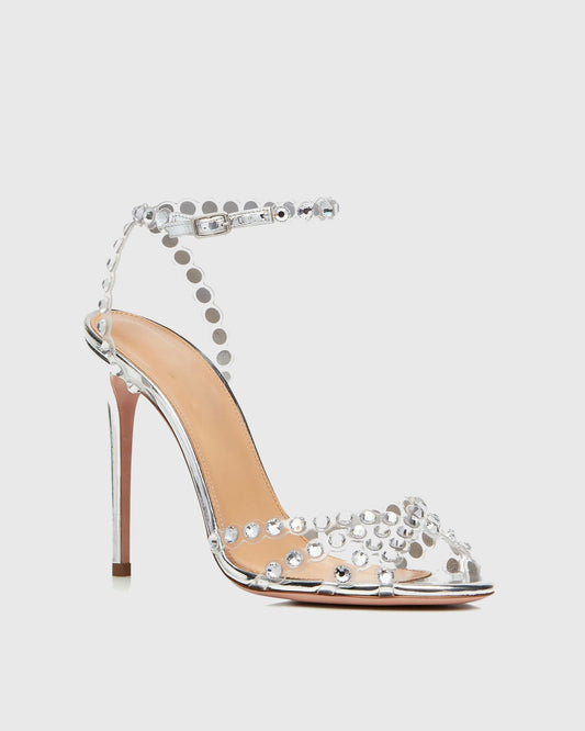 Cameo Rhinestone Embellished PVC Strap Sandals In Silver
