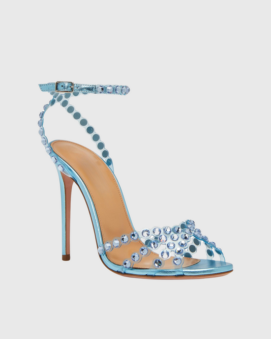 Cameo Rhinestone Embellished PVC Strap Sandals In Sky