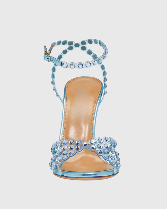 Cameo Rhinestone Embellished PVC Strap Sandals In Sky