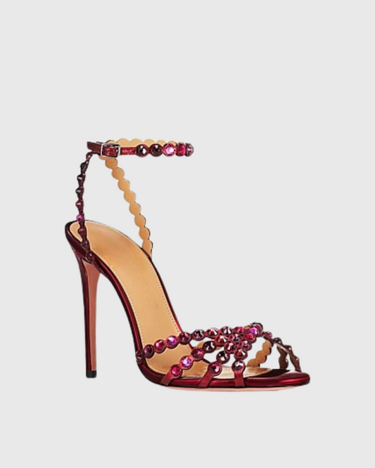 Cameo Rhinestone Embellished PVC Strap Sandals In Wine