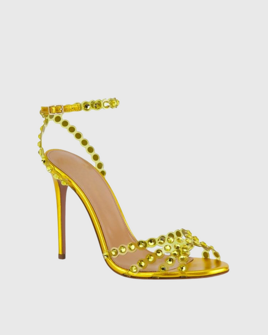 Cameo Rhinestone Embellished PVC Strap Sandals In Yellow