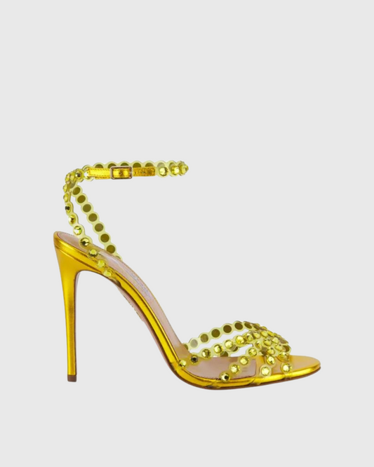 Cameo Rhinestone Embellished PVC Strap Sandals In Yellow