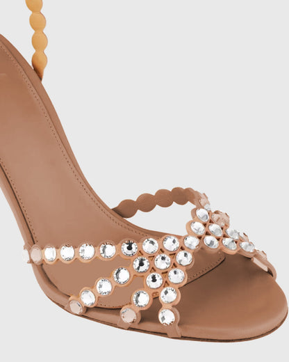 Cameo Rhinestone Embellished Strap Sandals In Beige