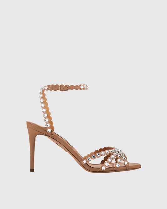 Cameo Rhinestone Embellished Strap Sandals In Beige