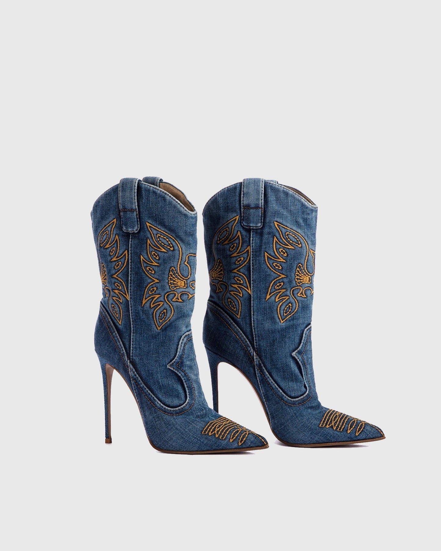 Cinzia Embroidery Denim Cowboy Mid Calf Boots