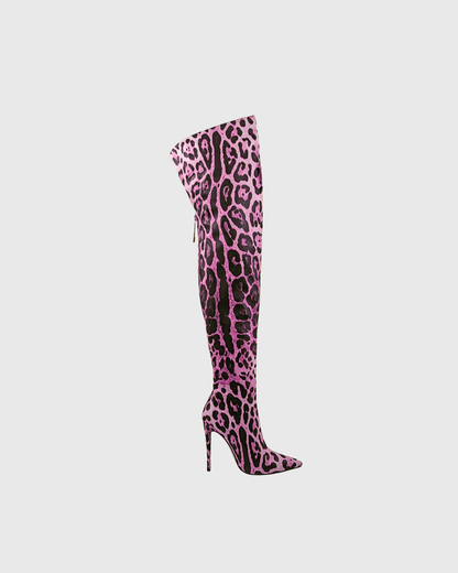 Claretta Leopard Print Over The Knee Boots In Violet