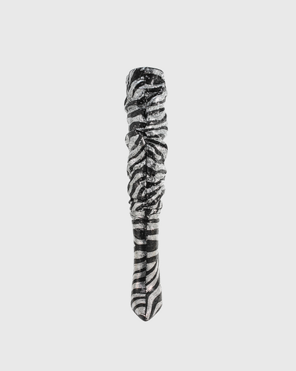 Claretta Zebra Print Ruch Knee High Boots