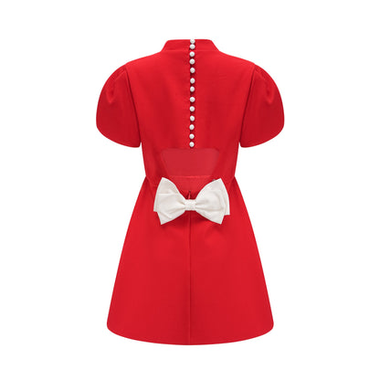 Anna red petal-sleeve cut-out bow mini dress