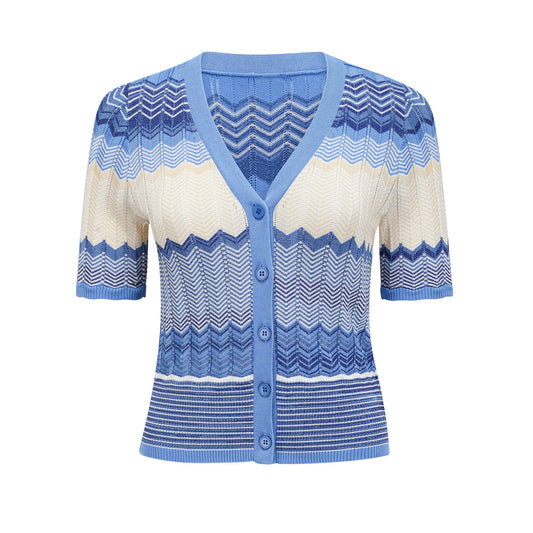 Daniela blue zigzag-design knit top & skirt matching set