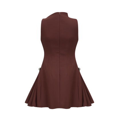 Dora brown asymmetrical-neck puff mini dress