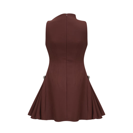 Dora brown asymmetrical-neck puff mini dress