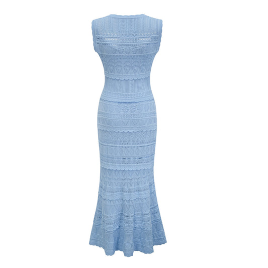 Mailys blue ruffled-trim crochet-knit midi dress