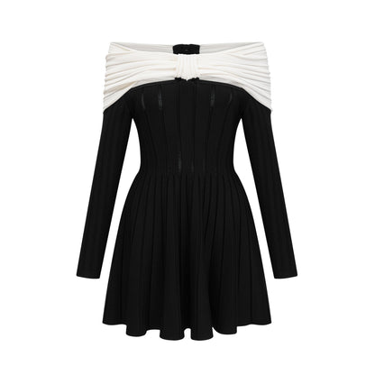 Justine black off-shoulder bow knit mini dress