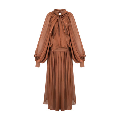 Mila Brown Pleated Satin Maxi Dress