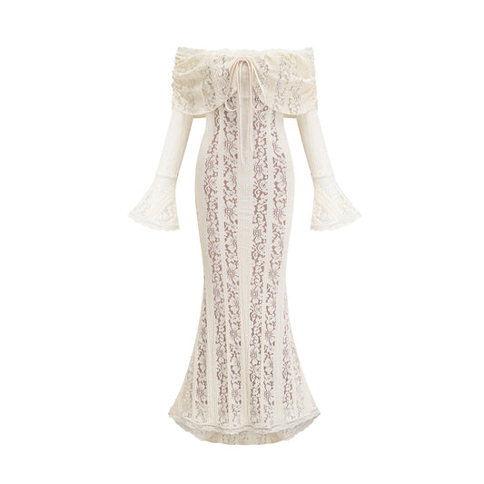 Émeline floral lace train-design maxi dress in Neutrals