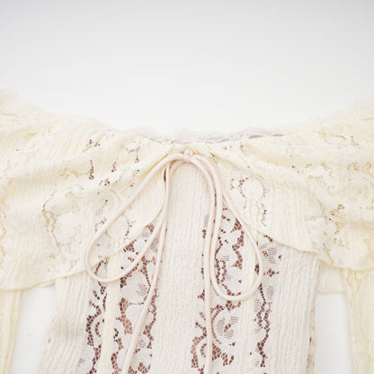Émeline floral lace train-design maxi dress in Neutrals