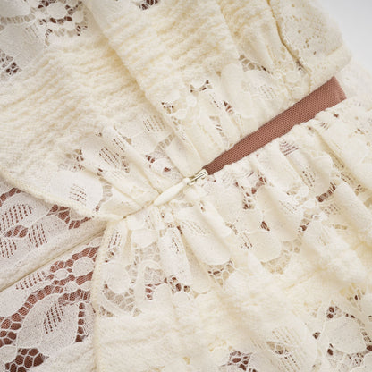 Émeline floral lace flared-cuff maxi dress in Neutrals