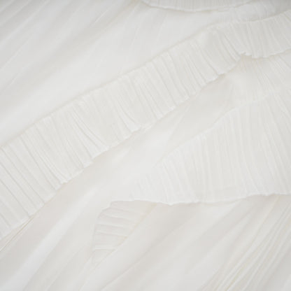 Doux White Ruffled Trim Pleated Midi Dress