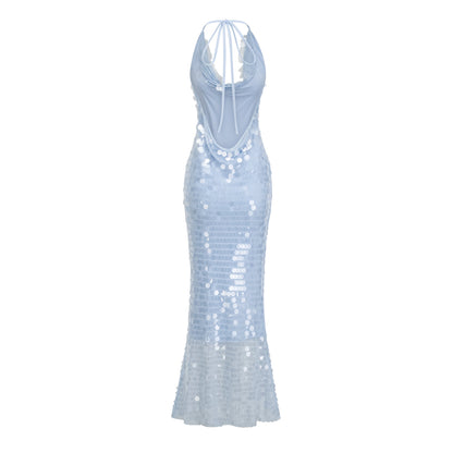 Babette blue halterneck sequined midi dress