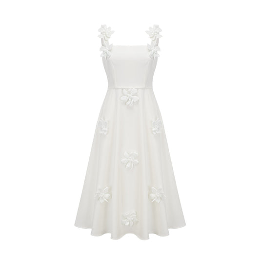 Ariane white faux-flower square-neck midi dress