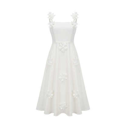 Ariane white faux-flower square-neck midi dress
