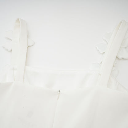 Ariane white faux-flower square-neck midi dress