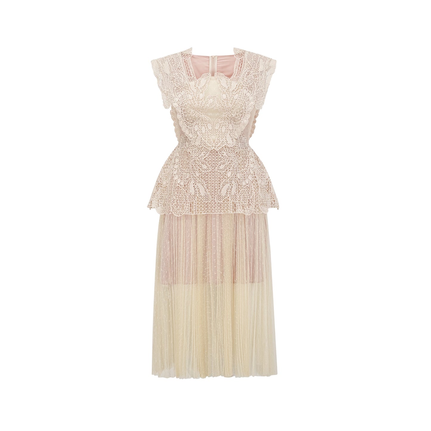 Céleste floral-lace-panelling tulle midi dress in Neutrals