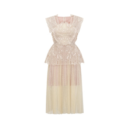 Céleste floral-lace-panelling tulle midi dress in Neutrals