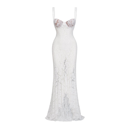 Abbie White Floral Lace Bustier Maxi Dress