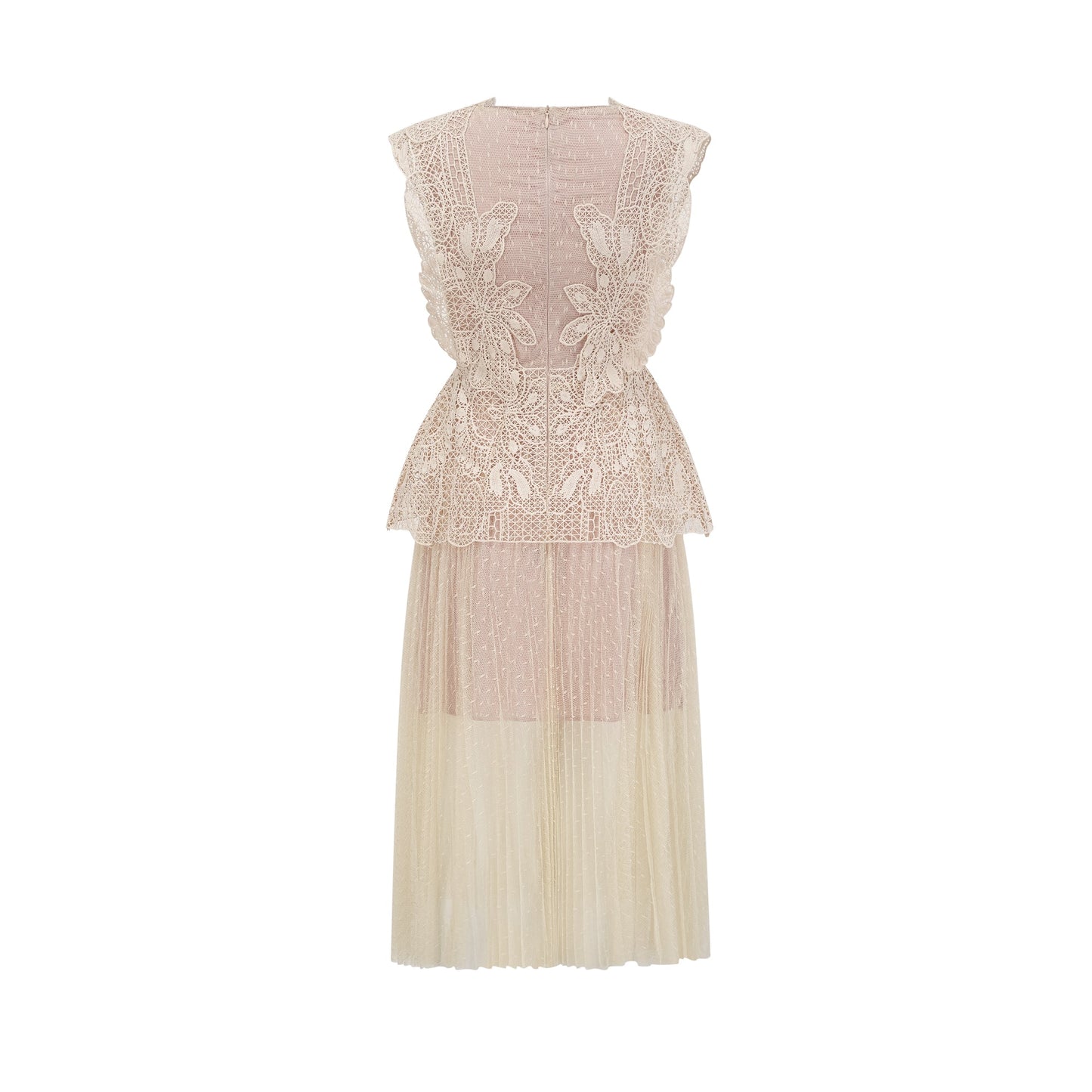 Céleste floral-lace-panelling tulle midi dress in Neutrals