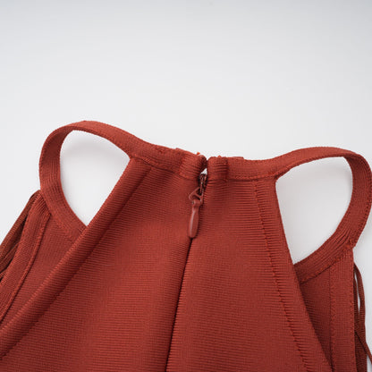 Mélisande Rusty Red Halterneck Fringed Maxi Gown