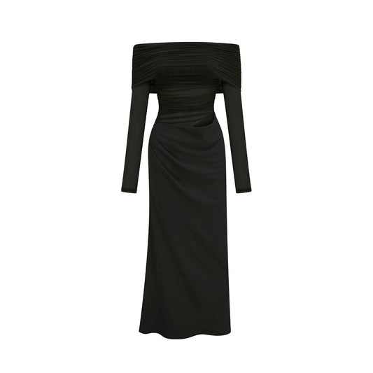 Estelle off-shoulder semi-sheer midi dress in Black