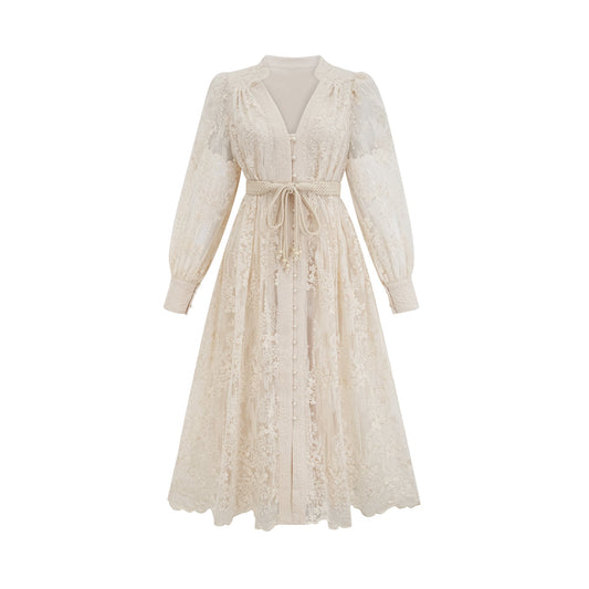 Roxane neutrals lace-embroidered midi dress