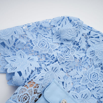 Ariane blue floral-appliqué ruffled lace mini dress