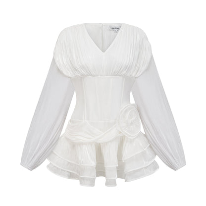 Rosier fully-pleated cinched mini dress in White