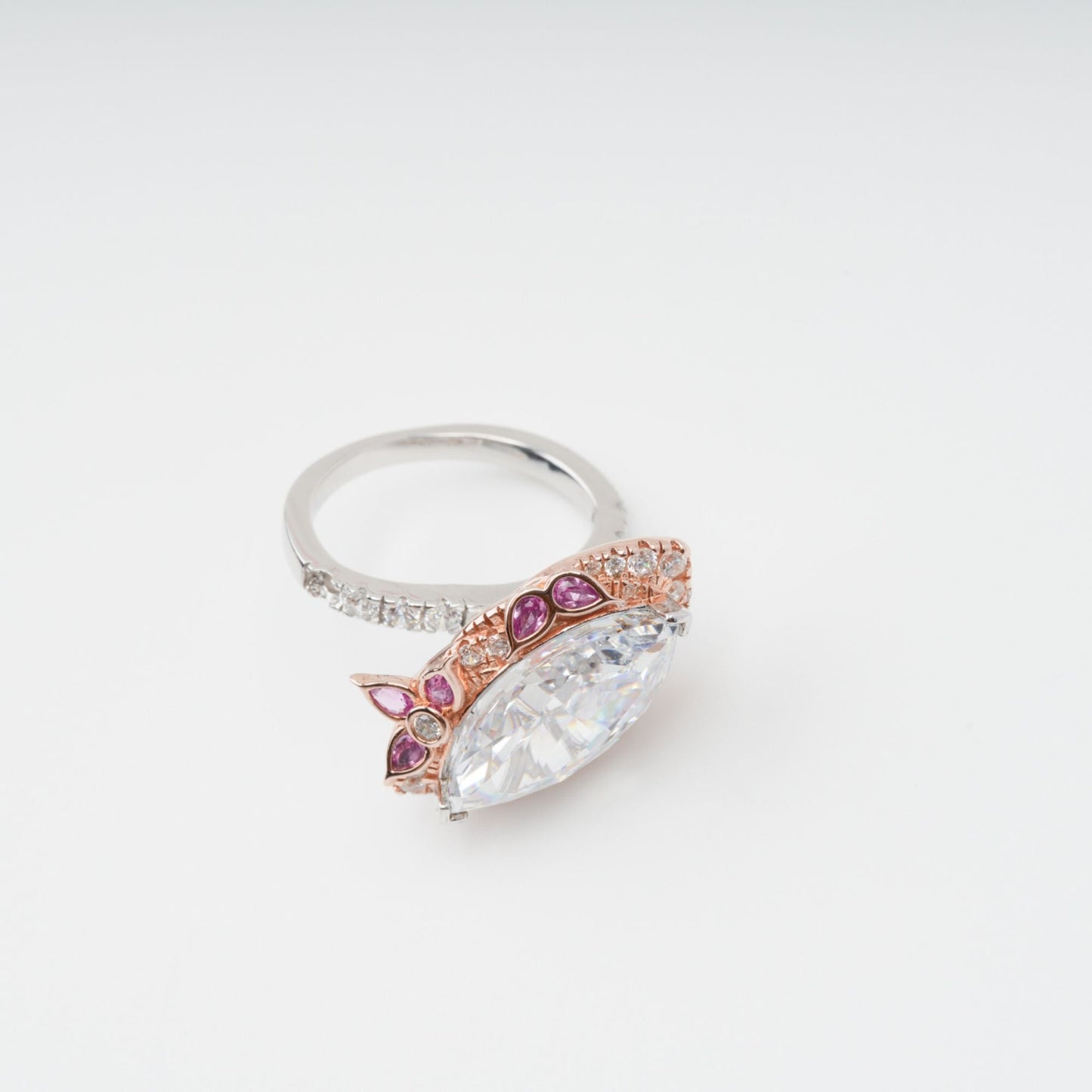 Scintillement Pink Crystal Embellished Sterling Silver Ring Set (3 Pieces)