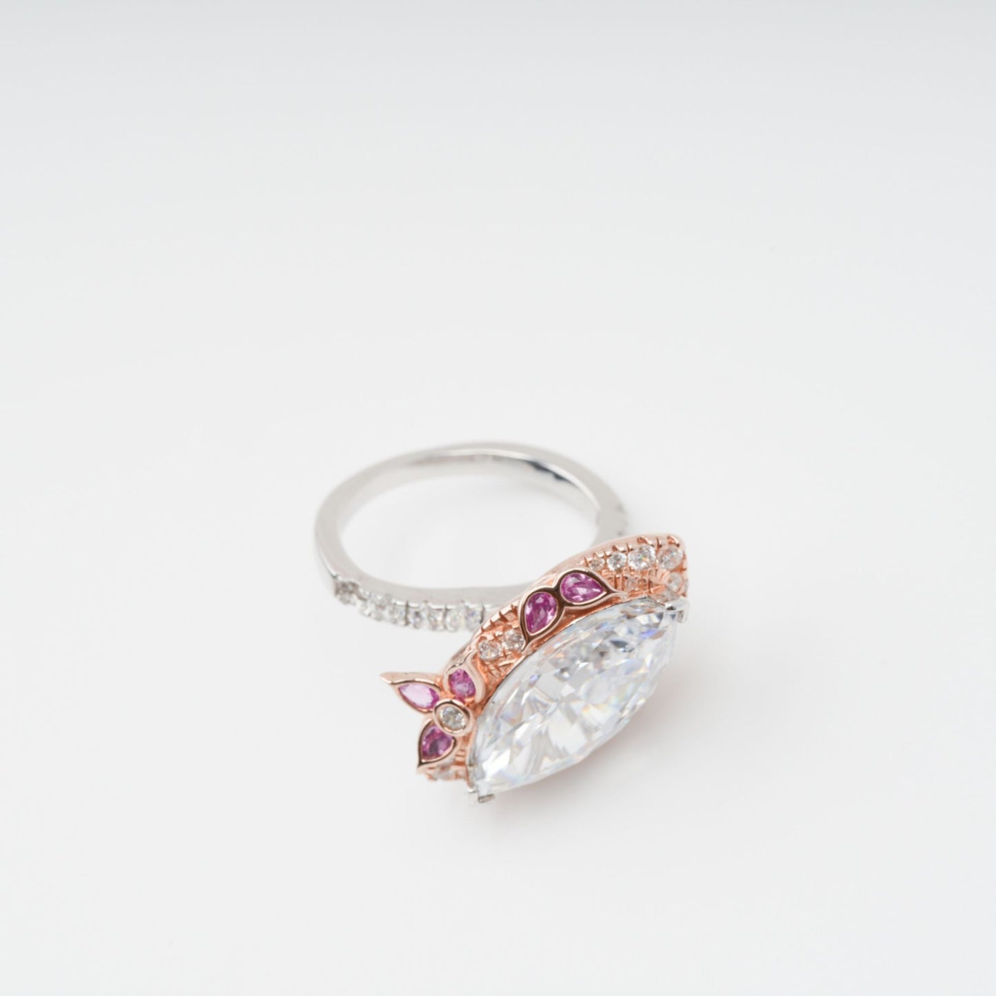 Scintillement Pink Crystal Embellished Sterling Silver Ring Set (3 Pieces)