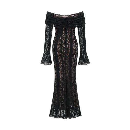 Émeline floral lace flared-cuff midi dress in Black
