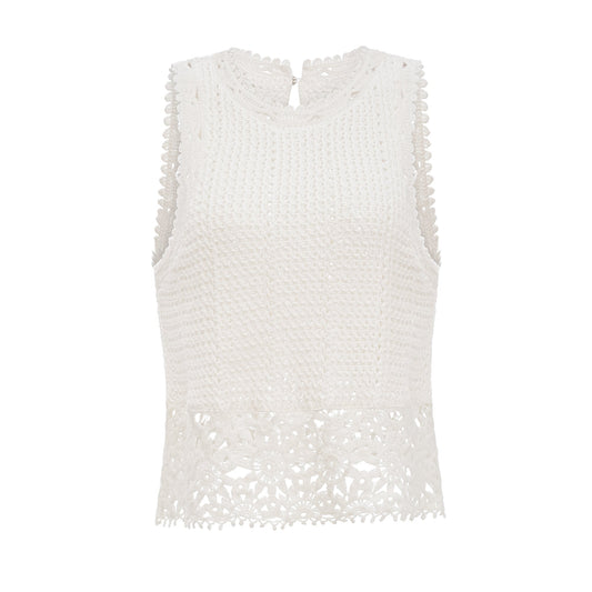 Gisèle White Floral Appliqué Crochet Knit Two-Piece Top and Shorts Set