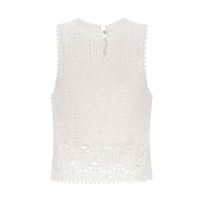 Gisèle White Floral Appliqué Crochet Knit Two-Piece Top and Shorts Set