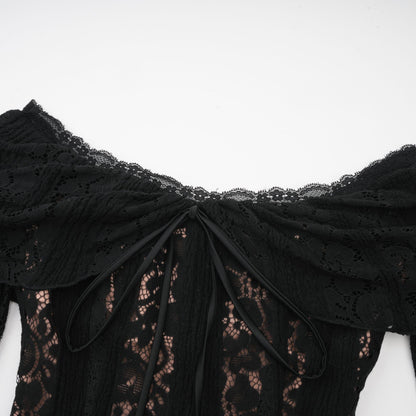 Émeline floral lace flared-cuff midi dress in Black